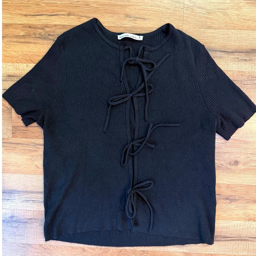 Abercrombie & Fitch Coquette Cardigan Black Ribbed Bow Closure Short Sleeve M